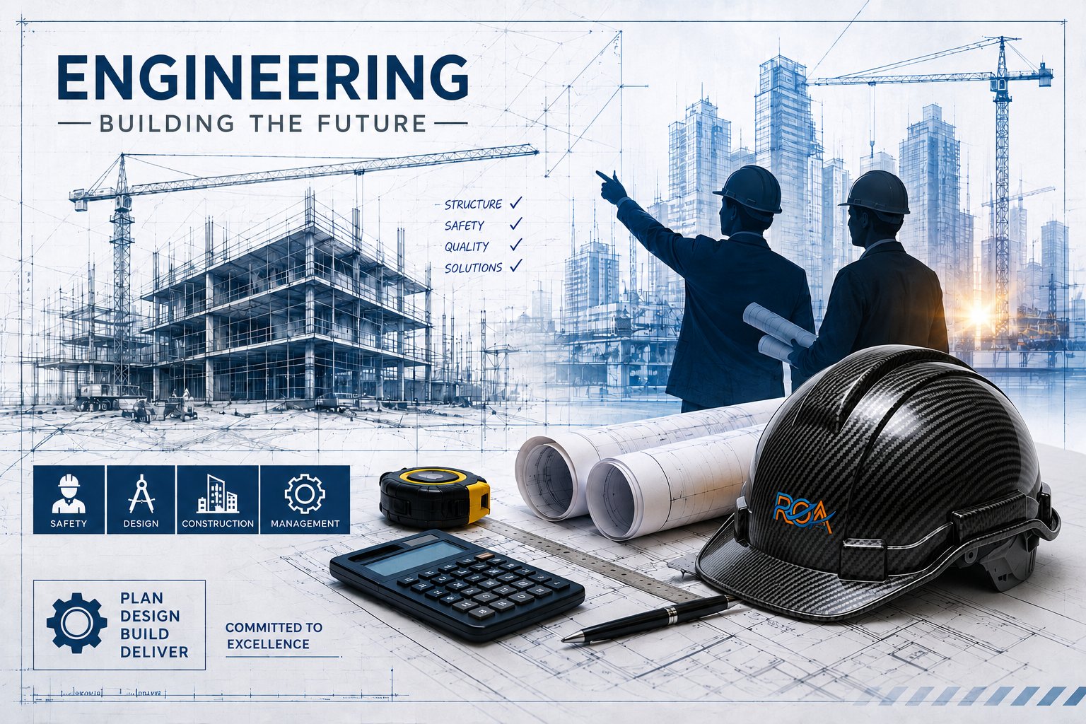Engineering — Building the Future: construction site, engineers, blueprints, and tools of the trade
